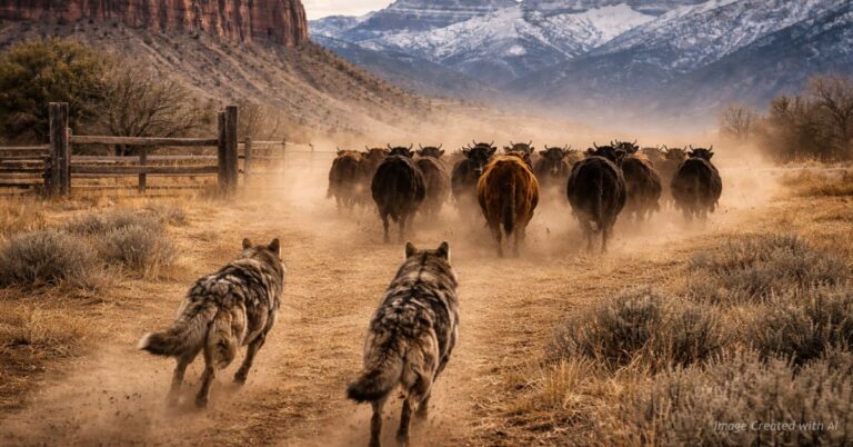 Gray wolves chasing cattle across a western Colorado ranch pasture.