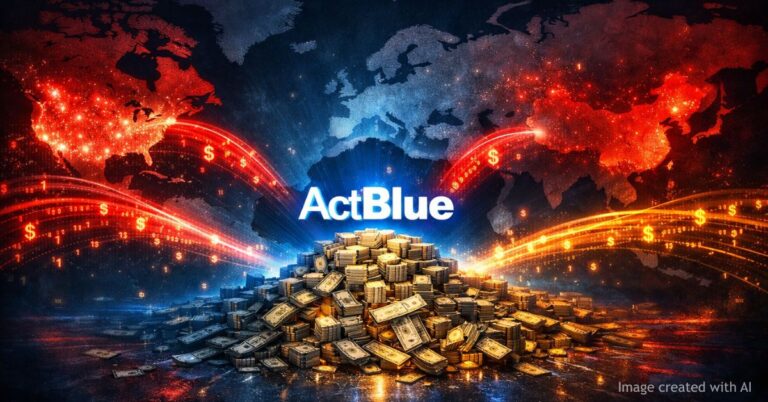 Global map shows money streams from abroad converging on ActBlue logo over U.S. with stacked cash at center