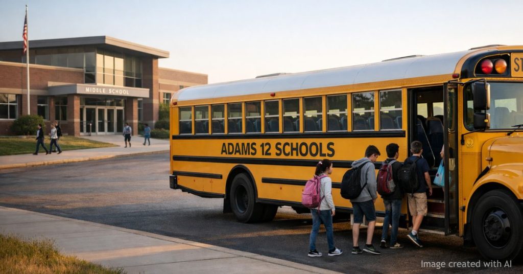 Adams 12 school bus with few students and quiet middle school background