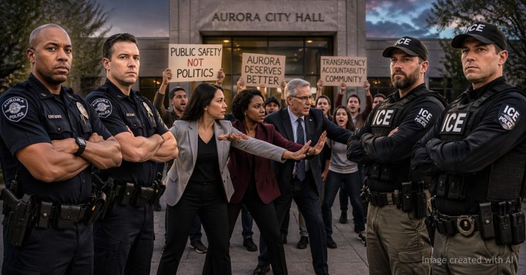 Crowd pushes between Aurora police and ICE officers outside Aurora City Hall during a tense public confrontation.