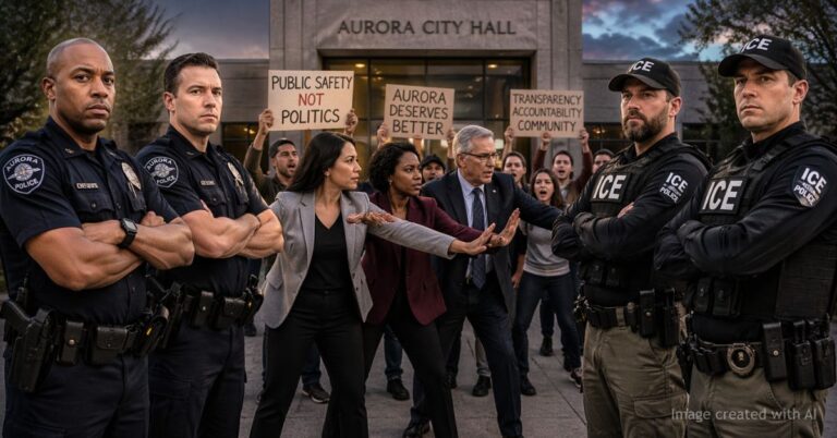 Crowd pushes between Aurora police and ICE officers outside Aurora City Hall during a tense public confrontation.
