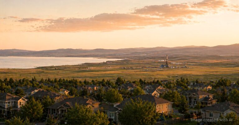 Distant oil and gas rigs beyond suburban homes near Aurora with reservoir and plains at sunset
