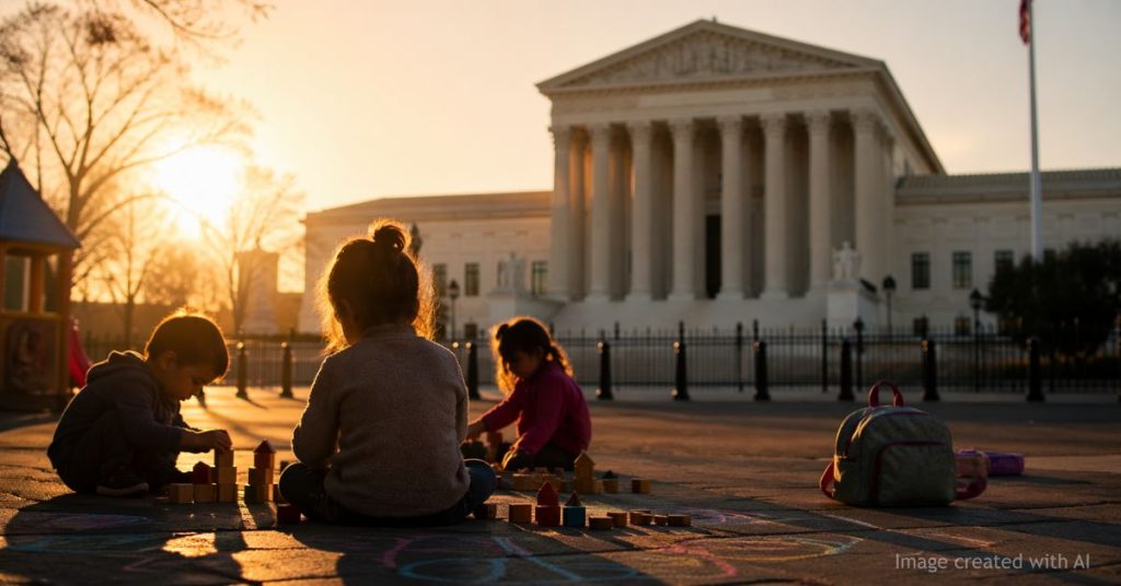 Silhouetted children play before blurred Supreme Court building, symbolizing legal impact on families