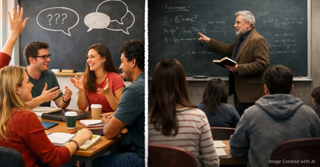 Split classroom showing open discussion versus one-sided lecture