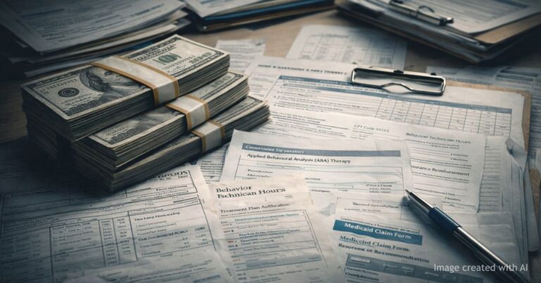 Cash stacked over autism therapy billing documents highlights Medicaid overpayment concerns in Colorado
