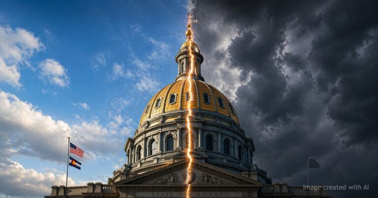 Split Colorado Capitol dome with contrasting light and storm tones symbolizing Democrat divide