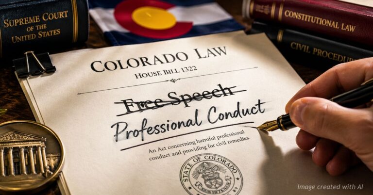 Legal document shows Free Speech crossed out and replaced with Professional Conduct on Colorado bill