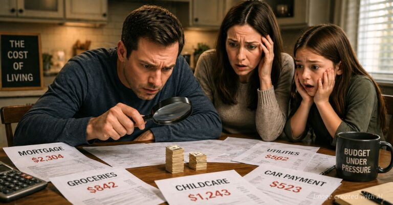 Family reviews bills at kitchen table as tiny stacks of cash highlight shrinking buying power in Colorado