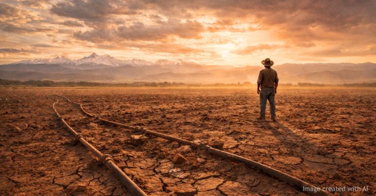 Dry Colorado farm field with irrigation lines under drought conditions