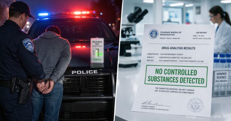 Split image showing arrest after positive drug test and lab report clearing suspect