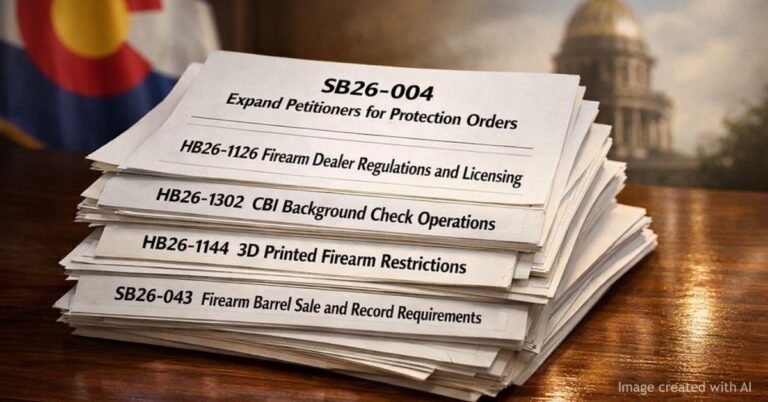 Stack of labeled Colorado firearm bills highlighting multiple proposed regulations