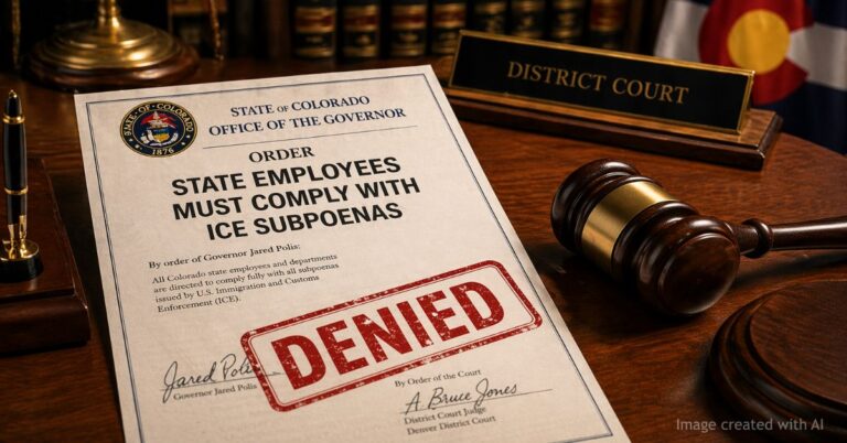 Colorado governor order on ICE subpoenas stamped denied with gavel on judge’s desk