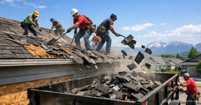 Roofing crew removes hail-damaged shingles into trailer at Colorado home