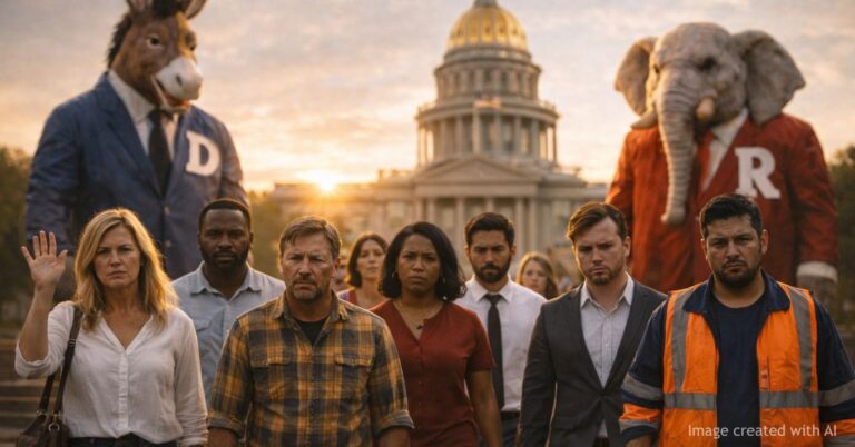 Diverse Colorado voters walk toward camera in frustration, leaving Democrat and Republican symbols behind at Capitol