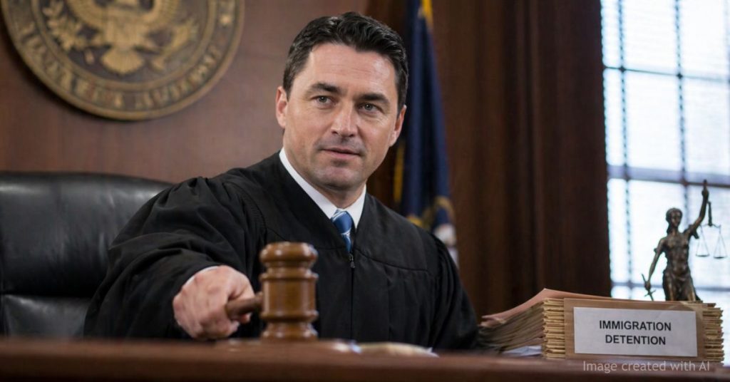 Federal judge in courtroom robe strikes gavel during immigration detention ruling