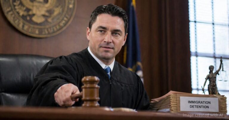 Federal judge in courtroom robe strikes gavel during immigration detention ruling