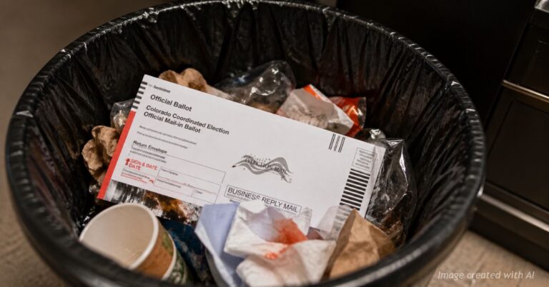 Colorado mail-in ballot discarded in trash can, symbolizing voter apathy ahead of midterm elections