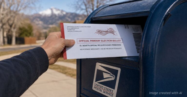 Hand placing Colorado primary election ballot into U.S. Postal Service mailbox in suburban neighborhood