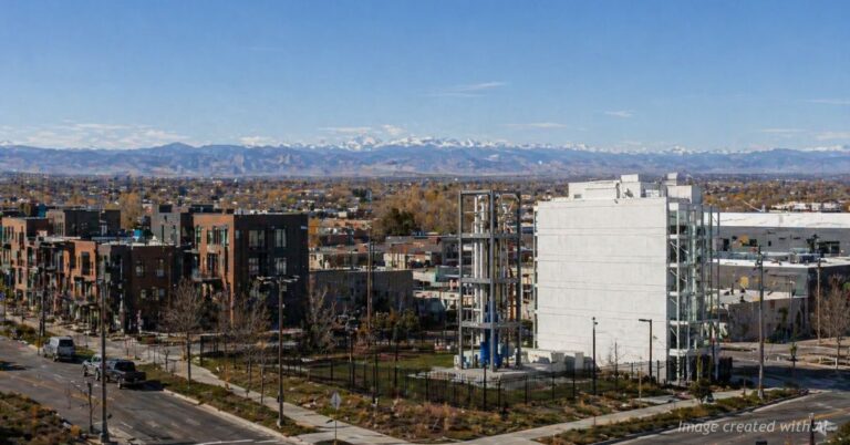 Small modular nuclear reactor in Colorado landscape with cloud-shaped question marks above
