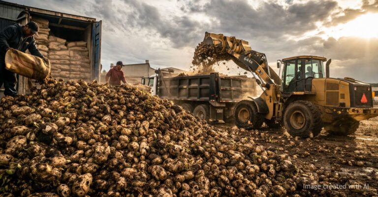 Workers dump spoiled potatoes into a massive pile as a loader fills a trailer in Colorado’s San Luis Valley