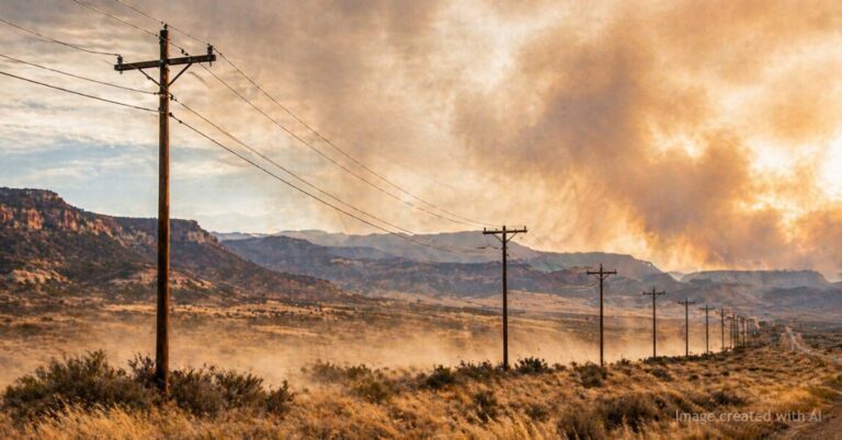 Power lines stretch across dry windy Colorado landscape under wildfire risk conditions