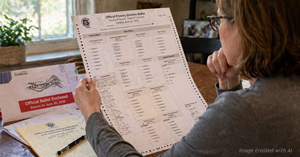 Colorado voter reviewing long primary ballot at home