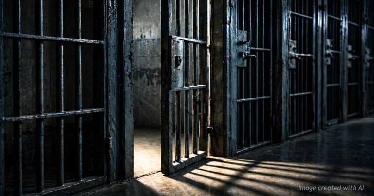 Prison cell door slightly open among locked bars symbolizing early release debate