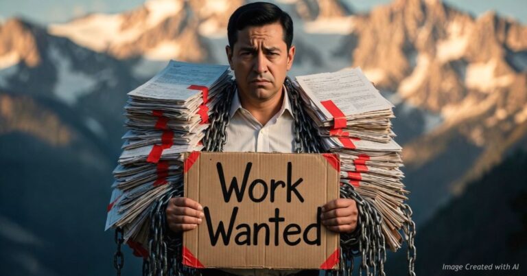 Man holding a “Work Wanted” sign while burdened with stacks of paperwork and chains, symbolizing regulatory pressure on jobs in Colorado