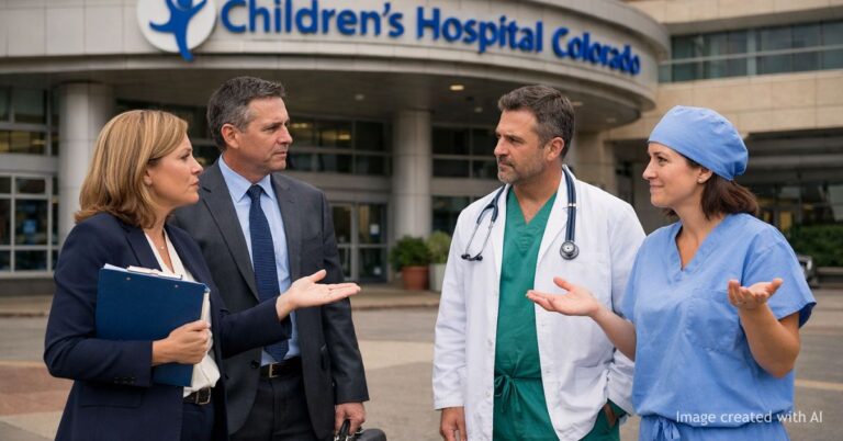 Hospital administrators and doctors discuss outside Children’s Hospital Colorado amid policy dispute