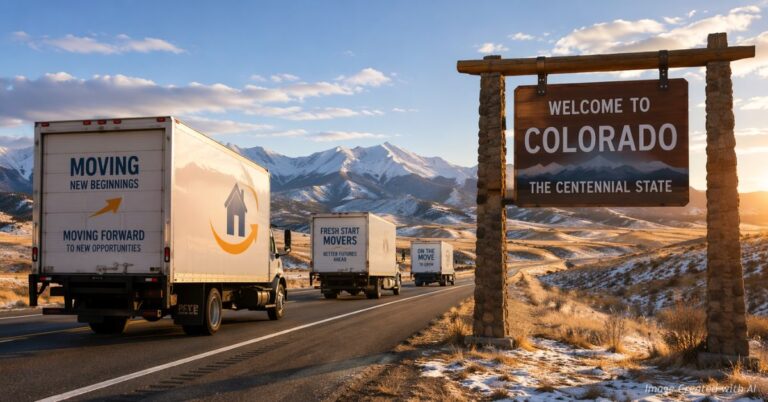 Moving trucks leaving Colorado symbolizing business relocation