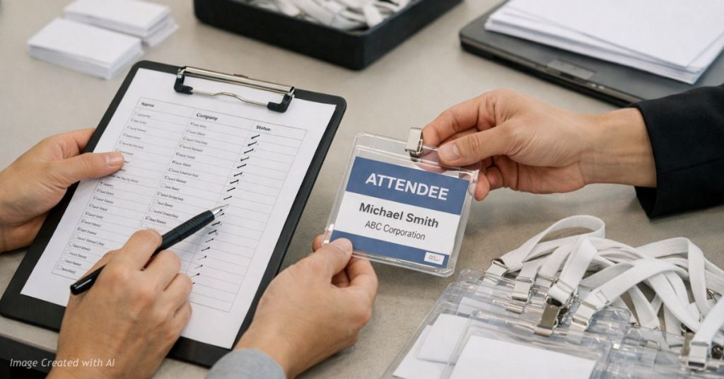 Event staff checking in attendees with badges