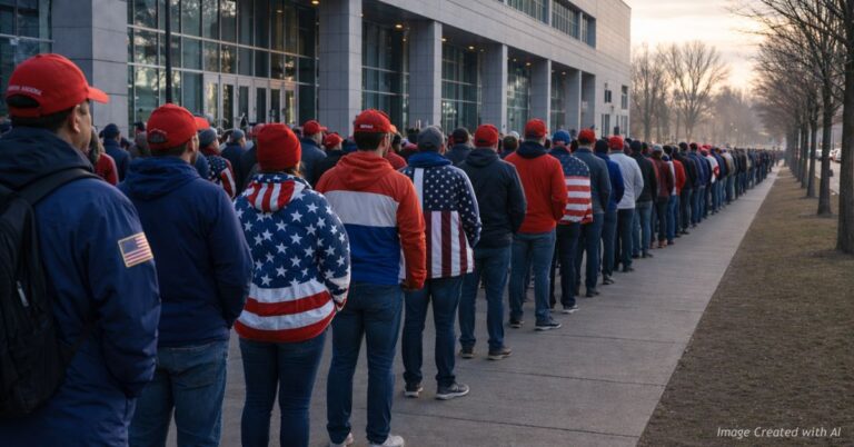 Delegates standing in long line in cold outside building