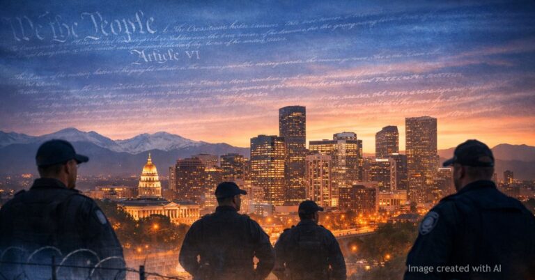 Denver skyline with law enforcement and constitutional overlay illustrating immigration ruling