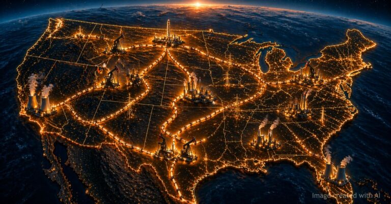 U.S. map with glowing energy infrastructure forming a backbone symbolizing national strength