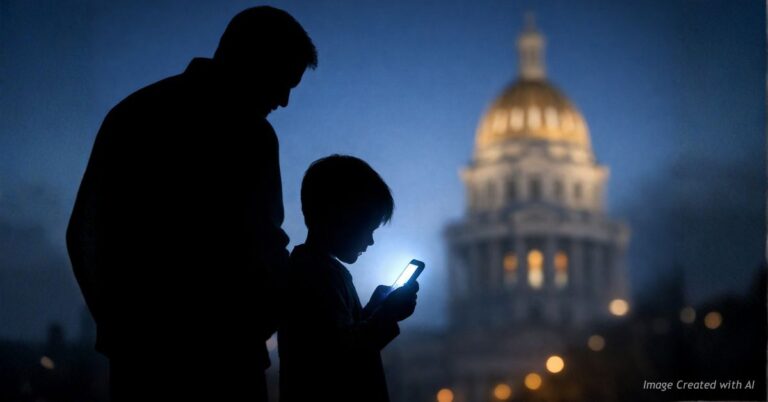 Father silhouette shielding child from glowing phone with Colorado Capitol in background
