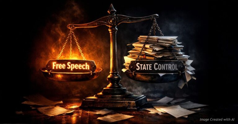 Justice scale weighing free speech against government control