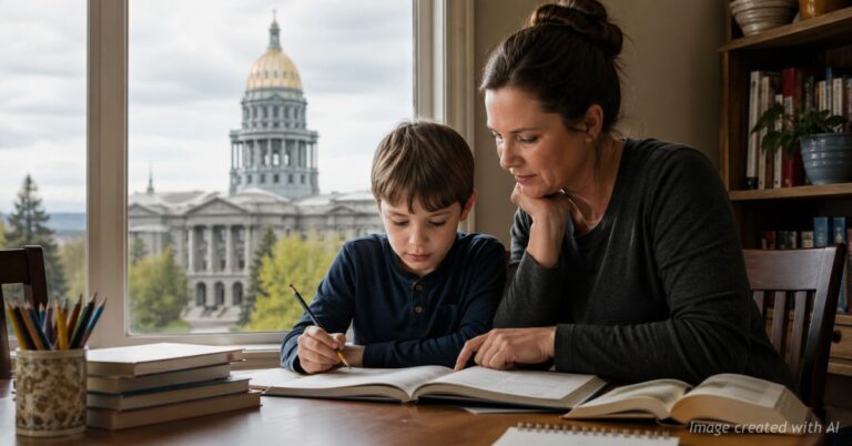 Parent and child homeschool as Colorado Capitol symbolizes education control