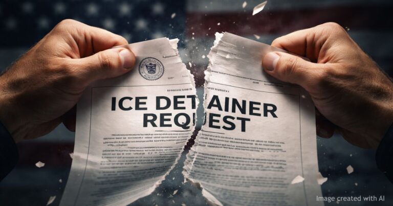 Hands tearing ICE detainer request document symbolizing immigration enforcement conflict