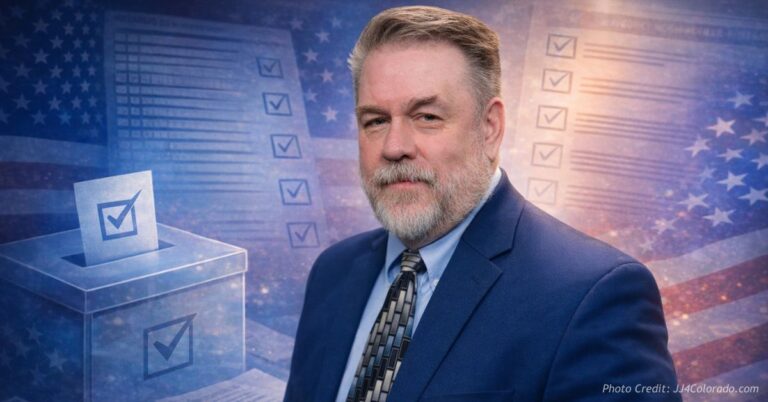 J.J. McKinzie in a blue suit posed in front of ballot box and election checklist graphics with an American flag background.