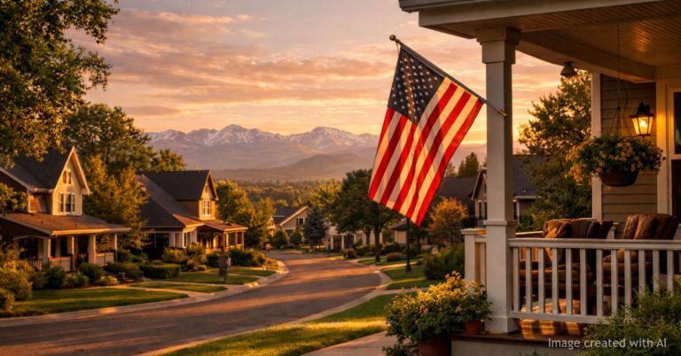 Golden hour view of quiet Lakewood neighborhood with American flag and mountain backdrop