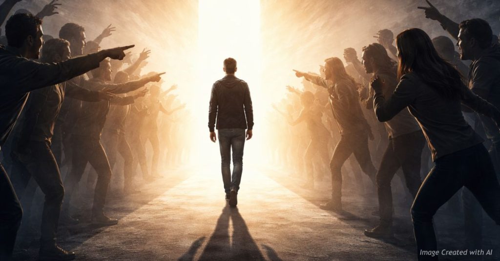 Person walking away from judgmental crowd toward light
