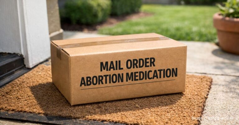 Package with prescription pills delivered to a home doorstep