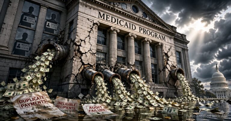 Government building leaking money symbolizing Medicaid waste and fraud