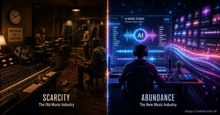 Split image of old studio and AI music world showing shift from scarcity to abundance
