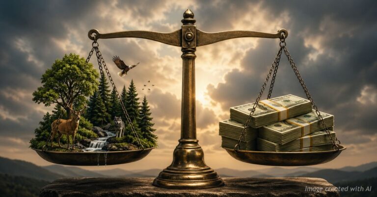 Scale weighing environmental protection against money