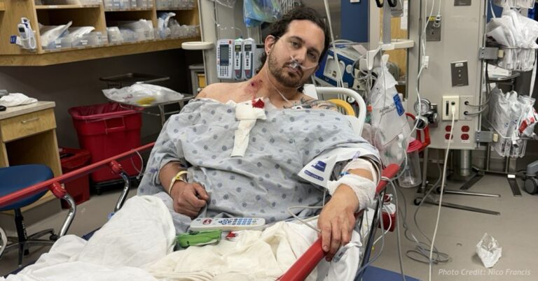 Nico Francis in hospital bed recovering after being shot in downtown Denver