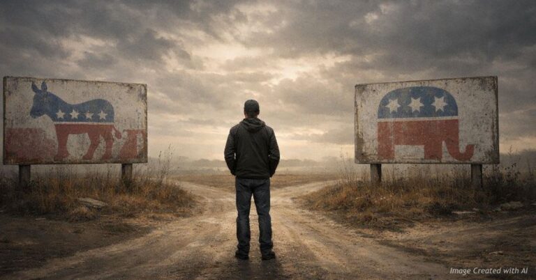 Voter standing between two parties symbolizing political disconnection