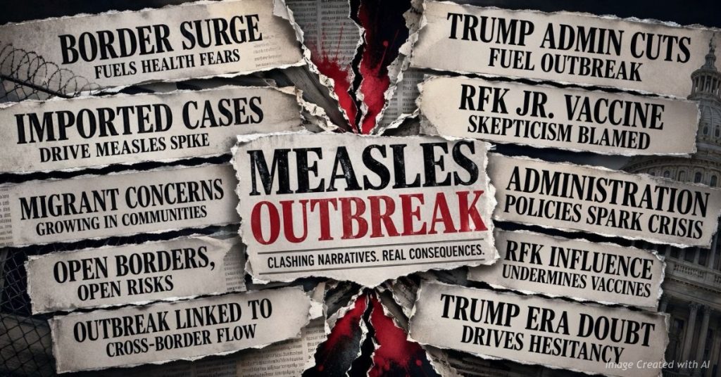 Newspaper collage with torn headline clippings stacked on two sides around a central "Measles Outbreak" headline. Left side shows border and immigration-framed headlines; right side shows Trump administration and RFK Jr.-framed headlines. Tagline reads "clashing narratives, real consequences."