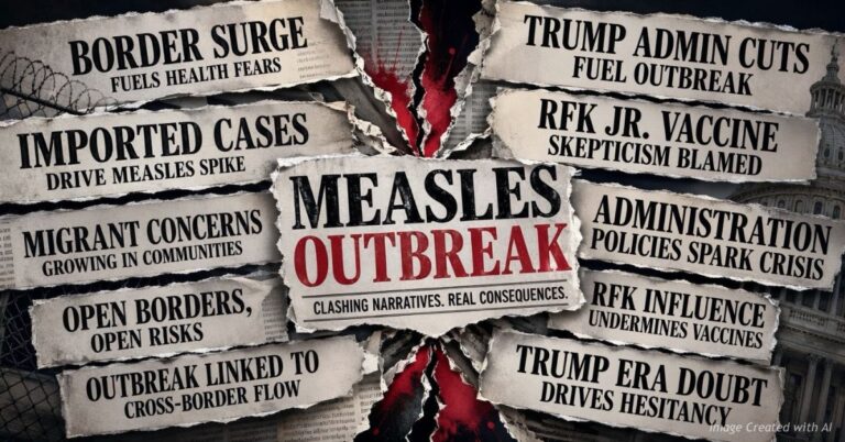 Newspaper collage with torn headline clippings stacked on two sides around a central "Measles Outbreak" headline. Left side shows border and immigration-framed headlines; right side shows Trump administration and RFK Jr.-framed headlines. Tagline reads "clashing narratives, real consequences."