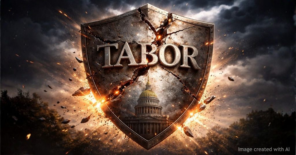 Cracked shield labeled TABOR symbolizing weakened taxpayer protections in Colorado